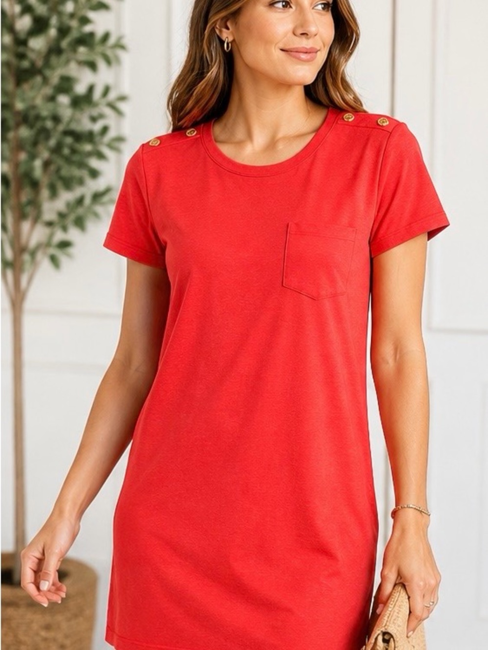 Nicole Miller Red Short Sleeve T Shirt Pocket Dress Gold Button SZ M ComfyCotton